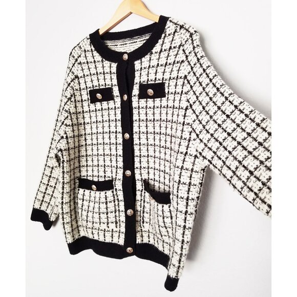 Oversized Tweed Textured Knit Cardigan Jacket Sweater OS Chunky Knit Pockets - Picture 4 of 16